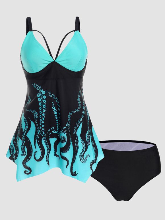 Maillot de Bain Tankini Matelassé à Bretelle Découpé à Imprimé Pieuvre en Blocs de Couleurs - Bleu L