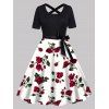 Plus Size Dress Rose Flower Print Contrast A Line Dress Bowknot Belt Cross Short Sleeve Dress - WHITE 5X