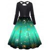 Robe Ligne A à Imprimé Etoile Lune Soleil Galaxie à Taille Haute avec Nœud Papillon - Vert S