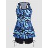 Tropical Leaf Print Vacation Tankini Swimsuit Cut Out Padded Tankini Two Piece Swimwear Cinched Boyleg Bathing Suit - BLUE 2XL