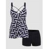 Maillot de Bain Tankini Matelassé à Imprimé Géométrique Contrasté à Bretelle Ajustable Deux Pièces - Noir XL