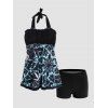 Maillot de Bain Tankini Noué Gainant à Imprimé Fleuri Feuille Matelassé à Volants à Col Halter - Noir M