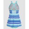 Maillot de Bain Tankini Matelassé Gainant Coloré Rayé Imprimé à Taille Haute - Bleu clair L