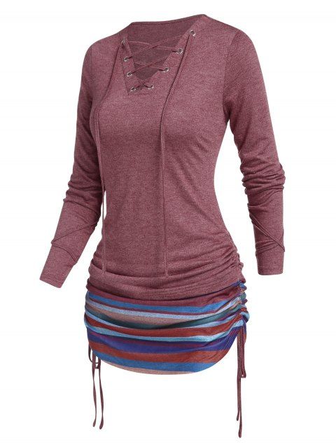 Colored Striped Print T Shirt Lace Up Cinched Curved Hem Long Sleeve Longline Tee