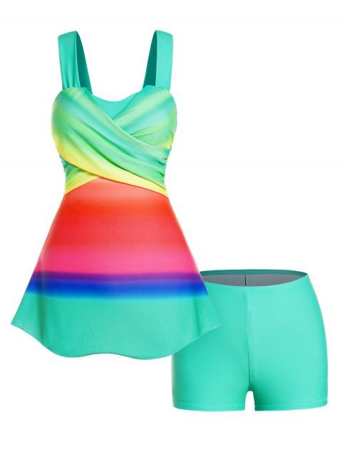 Colorful Rainbow Print Tankini Swimsuit Crossover Padded Tankini Two Piece Swimwear Boyleg Bathing Suit