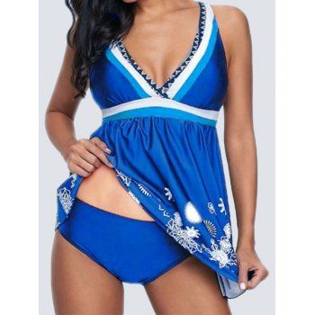 

Modest Tankini Swimsuit Striped Printed Plunging Neck Swimwear Padded Strap Bathing Suit, Blue