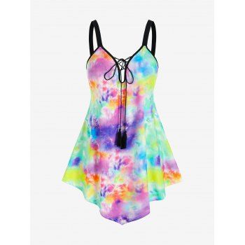 

Plus Size Lace Up Tassel Tie Dye Tank Top, Multicolor