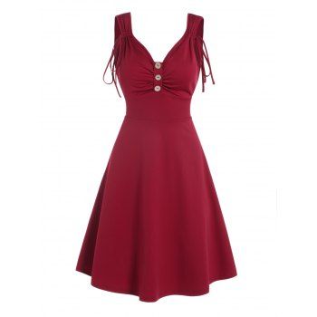 

Plain Color Dress Cinched Ruched Mock Button High Waisted Sleeveless A Line Mini Dress, Deep red