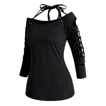 Cut Out Lace Up Half Sleeve Top Open Shoulder Casual Top