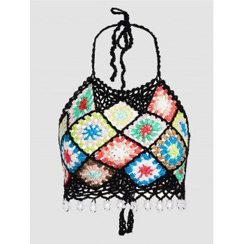 

Crochet Cover-up Cropped Top Colored Flower Faux Pearl Tied Back Backless Halter Cover-up Top, Multicolor a