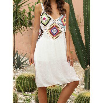 

Crochet Colored Geometric Cover-up Dress V Neck Sleeveless A Line Mini Beach Cover-up Dress, Multicolor a