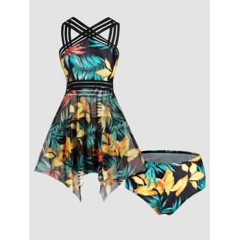 

Tropical Tankini Swimsuit Colored Leaf Print Modest Swimwear Mesh Striped Padded Tummy Control Bathing Suit, Multicolor a