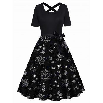 

Sun Moon Star Print Dress Crisscross Bowknot Belted Short Sleeve High Waisted A Line Midi Dress, Black