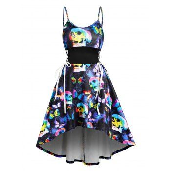 

Colorful Skull Butterfly Print High Low Dress Lace Up Spaghetti Strap Backless A Line Dress, Black