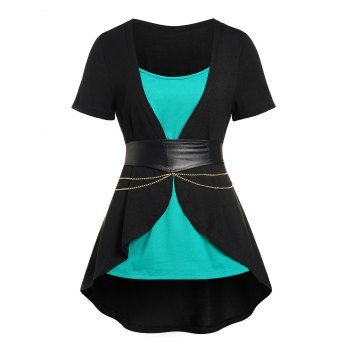 

Plus Size Colorblock Asymmetric Faux Twinset T-shirt Short Sleeve Chain Belted 2 In 1 Tee, Green