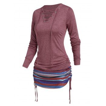 

Colored Striped Print T Shirt Lace Up Cinched Curved Hem Long Sleeve Longline Tee, Deep red
