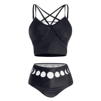 

Lattice Ruched Bust Bikini Swimsuit Adjustable Straps Padded Two Piece Swimwear Moon Phase Print High Waist Bathing Suit, Black