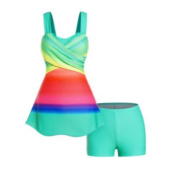 

Colorful Rainbow Print Tankini Swimsuit Crossover Padded Tankini Two Piece Swimwear Boyleg Bathing Suit, Multicolor a