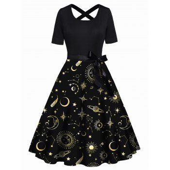 

Sun Moon Print Dress Bowknot Crisscross Belted Short Sleeve High Waisted A Line Midi Dress, Black