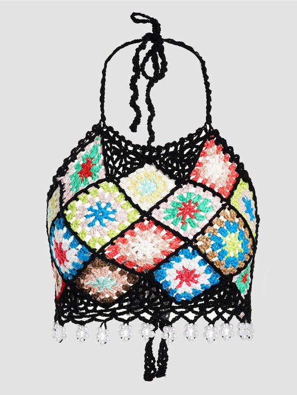 Haut Cache-maillot Court Fleur Au Crochet Coloré sans Dos à Col Halter - multicolor A L