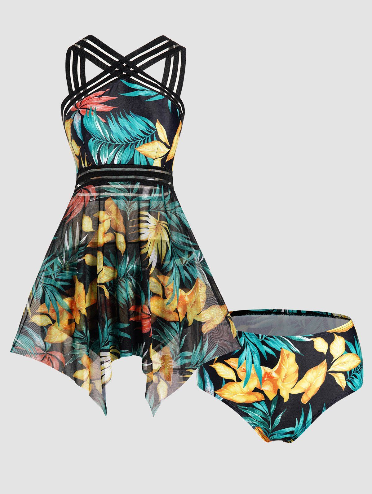 Dresslily Tropical Tankini Swimsuit Colored Leaf Print Modest Swimwear Mesh Striped Padded Tummy Control Bathing Suit