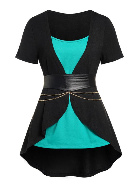 Plus Size Colorblock Asymmetric Faux Twinset T-shirt Short Sleeve Chain Belted 2 In 1 Tee - GREEN 2X