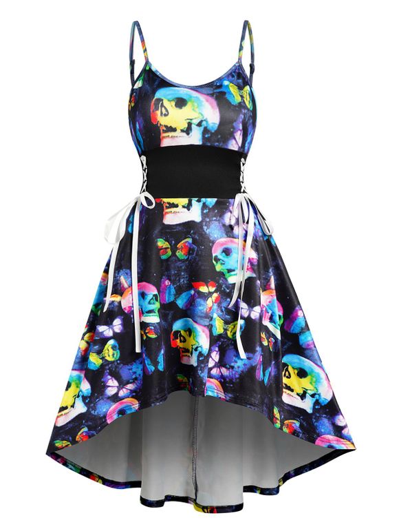 Colorful Skull Butterfly Print High Low Dress Lace Up Spaghetti Strap Backless A Line Dress - BLACK XL
