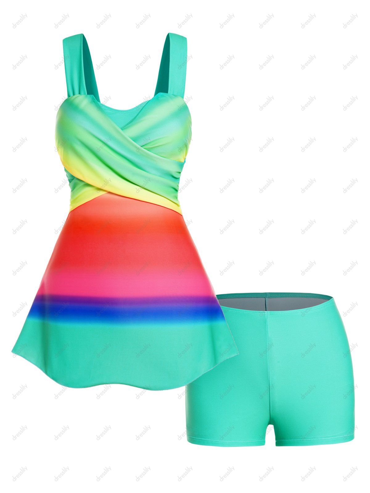 Colorful Rainbow Print Tankini Swimsuit Crossover Padded Tankini Two Piece Swimwear Boyleg Bathing Suit - multicolor A S