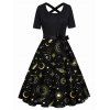 Robe Ligne A Mi-Longue Ceinturée Croisée Lune Soleil et Nœud Papillon à Taille Haute - Noir XXL