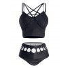 Lattice Ruched Bust Bikini Swimsuit Adjustable Straps Padded Two Piece Swimwear Moon Phase Print High Waist Bathing Suit - BLACK M