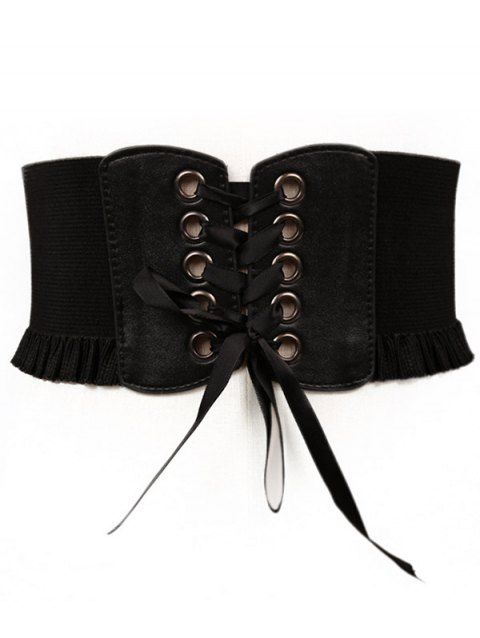 Faux Leather Plain Color Lace Up Elastic Wide Waist Trendy Belt