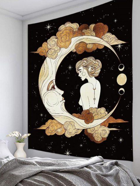 Tapisserie Pendante Murale Décorative à Imprimé Lune Ciel et Galaxie