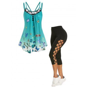 

Ombre Butterfly Print Lace Panel Tank Top And Crisscross High Rise Capri Pants Casual Outfit, Multicolor