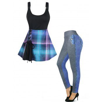 

Plaid Print Lace Up O Ring Grommet A Line Mini Dress And Faux Demin Spliced 3D Print Leggings Casual Outfit, Multicolor