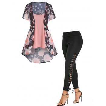 

Flower Print High Low Mock Button Short Sleeve Top And Plain Color Lace Up Long Pants Outfit, Multicolor