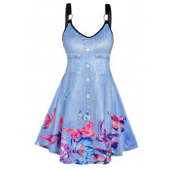 

Faux Denim 3D Butterfly Print Tank Dress O Ring Straps Scoop Neck Sleeveless Dress, Light blue