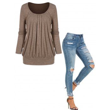 Pleated Long Sleeve Top Scoop Neck Top And Ripped Frayed Distressed Skinny Jeans Casual Outfit