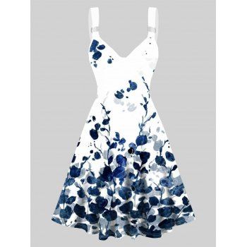 

Flower Print Dress V Neck High Waisted Dress Sleeveless A Line Mini Dress, Deep blue