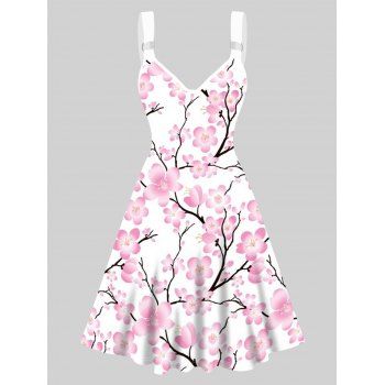 

Allover Flower Print Dress V Neck High Waisted Dress Sleeveless A Line Mini Dress, White
