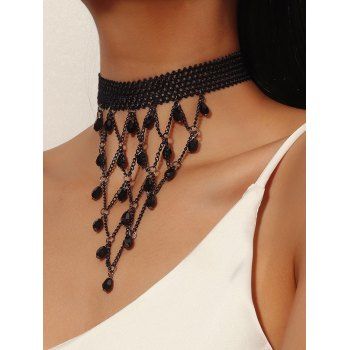 

Gothic Rhinestone Waterdrop Chain Lace Choker Necklace, Black