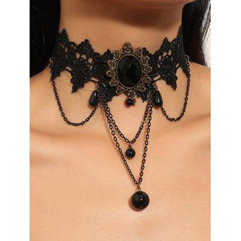 

Rhinestone Round Chain Pendant Waterdrop Punk Gothic Lace Choker Necklace, Black