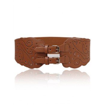 

Faux Leather Hollow Out Scalloped Buckle Strap Elastic Wide Waist Belt, Coffee