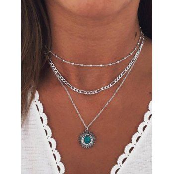 

Bohemian Necklace Geometric Faux Turquoise Layered Necklace, Silver