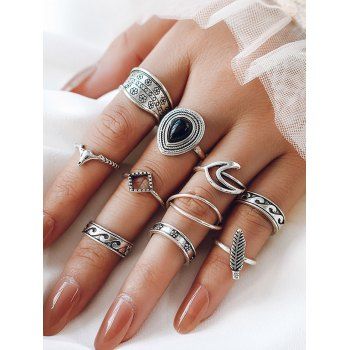 

10 Pcs Rings Set Geometric Leaf Flower Retro Rings, Silver