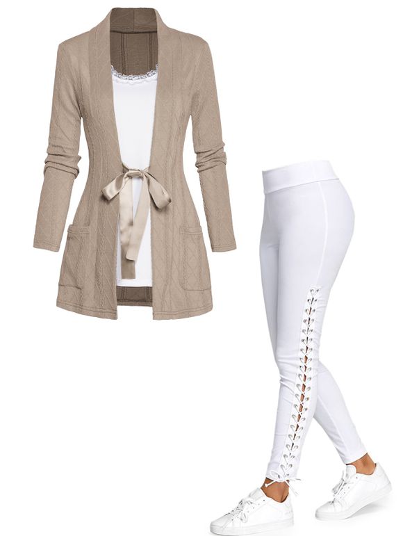 Ensemble de Top Décontracté Tricoté Texturé en Couleur Unie à Ourlet en Dentelle et Pantalon à Lacets - multicolor S