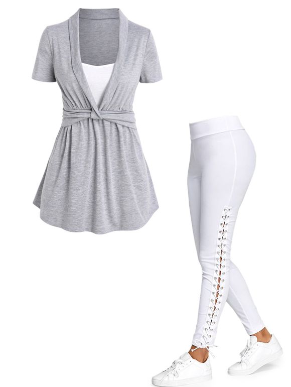 Ensemble de T-shirt Chiné Torsadé à Manches Courtes et Pantalon à Lacets en Couleur Unie - multicolor S