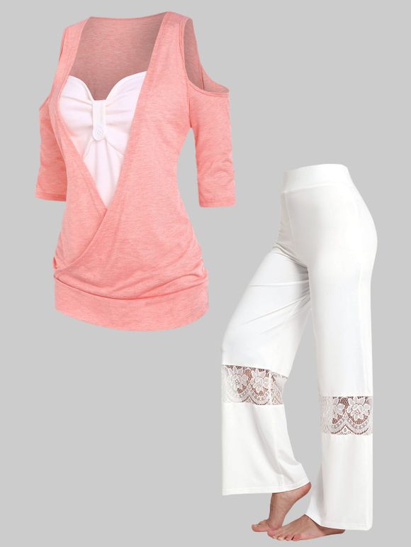 Ensemble de T-shirt Panneau en Dentelle Transparente à Epaule Dénudée et de Pantalon à Jambe Large - multicolor S