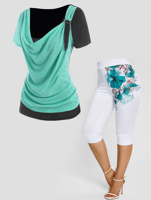 Ensemble de T-shirt Décontracté à Imprimé Fleur en Blocs de Couleurs à Col Bénitier et Legging Capri - multicolor S