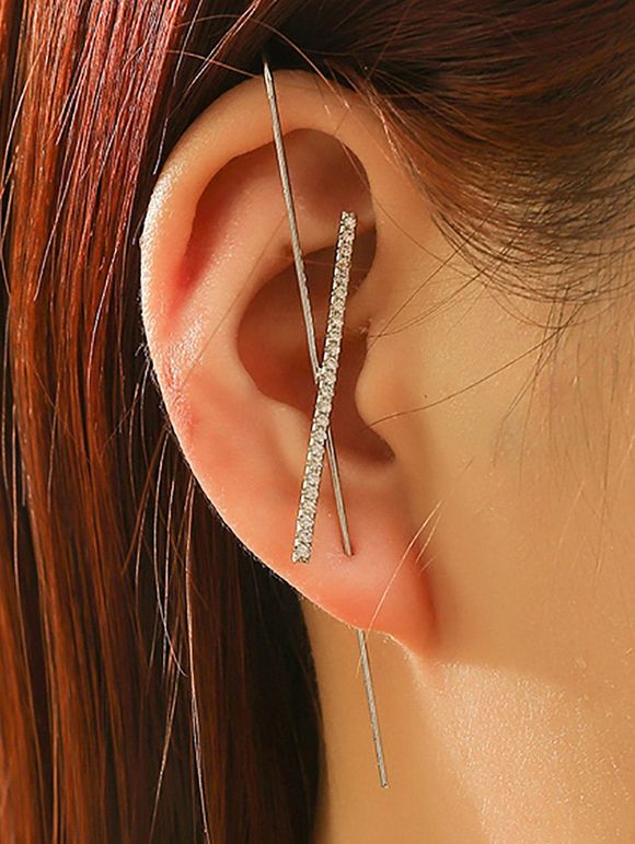 Manchette d'Oreille à Epingle à Crochet Unique avec Strass - Argent 