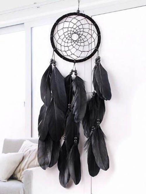 Attrape-Rêve Orné de Plumes Fantaisies Style Bohémien Décor Maison - Noir 13 CM * 45 CM